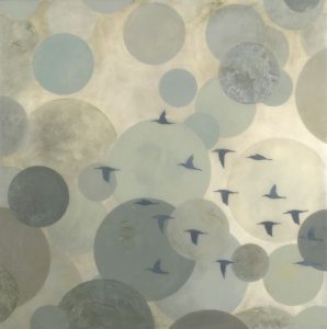 Here, 2010, oil on wood with paper and resin, 36" x 36"