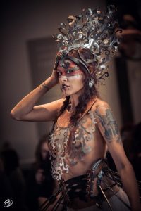 Forged Fashion Series (3 pieces – rose head piece, skirt, and top), 2015, steel, leather, 63" x 36" x 25"