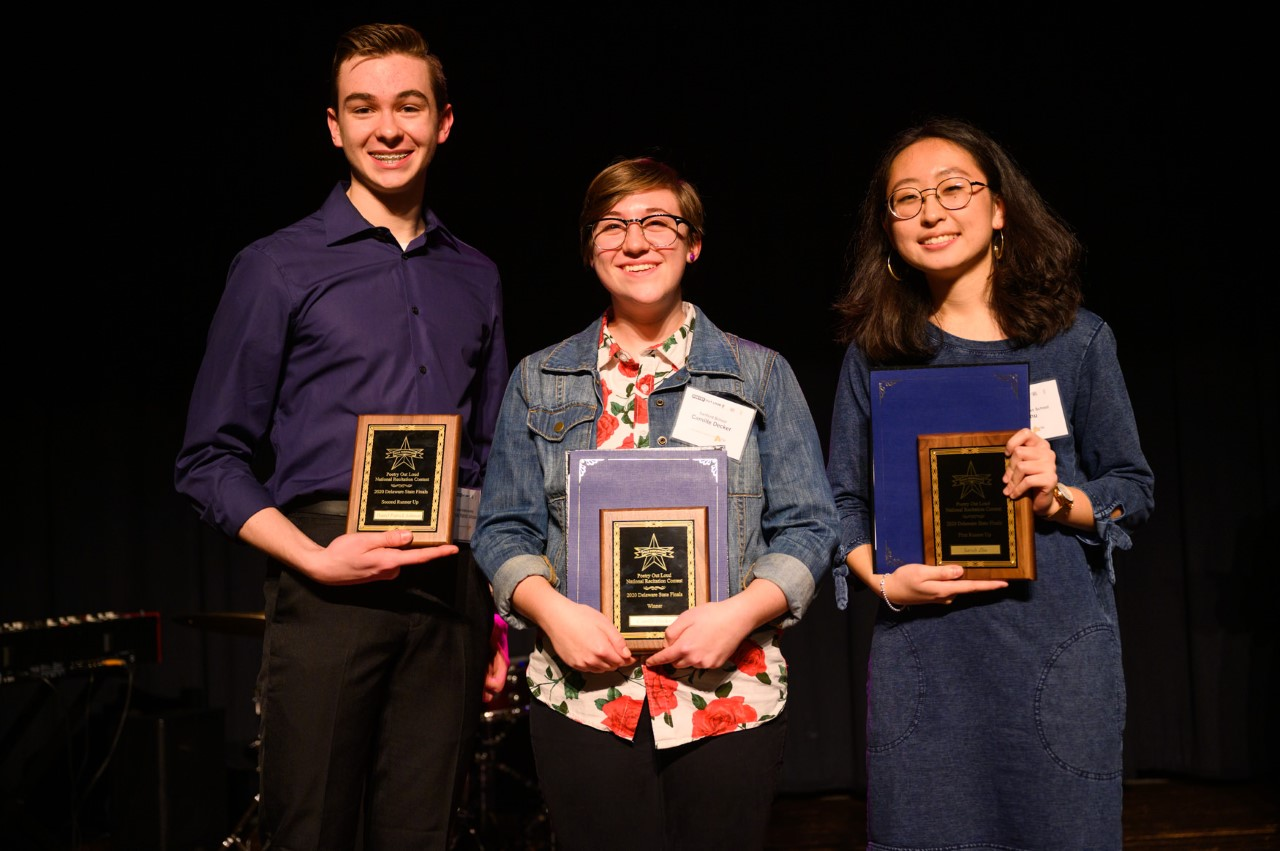 Group portrait of Delaware's Poetry Out Loud champion Camille Decker, first runne rup Sarah Zhu and second runner up Daniel Patrick Johnson
