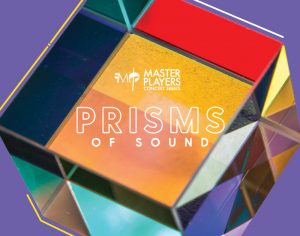 Season logo for the University of Delaware Master Players Concert Series 2021-2022 Season Prisms of Sound featuring the wording in white on a multicolored cube titled on an angle, centered on a purple background