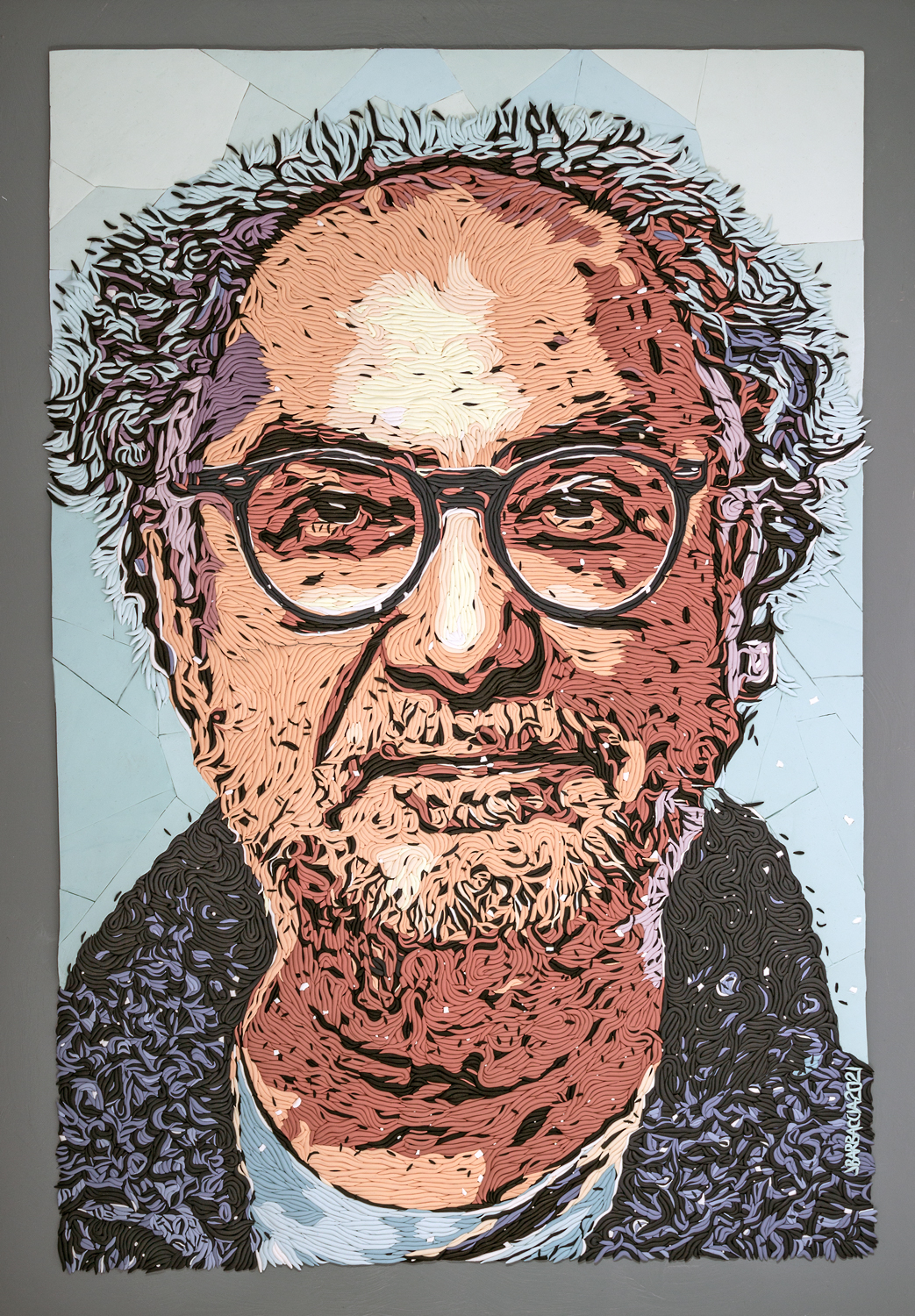 A portrait of a man made from polymer clay.