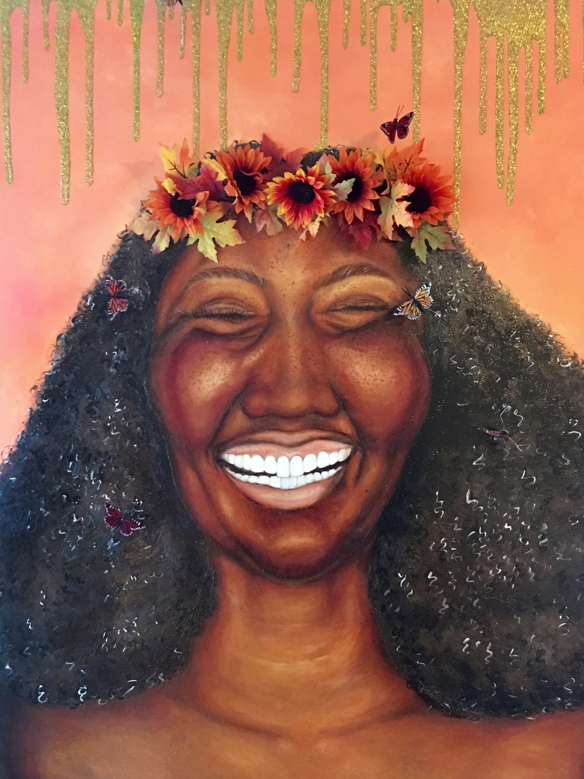 A painting of a smiling woman with flowers in her hair
