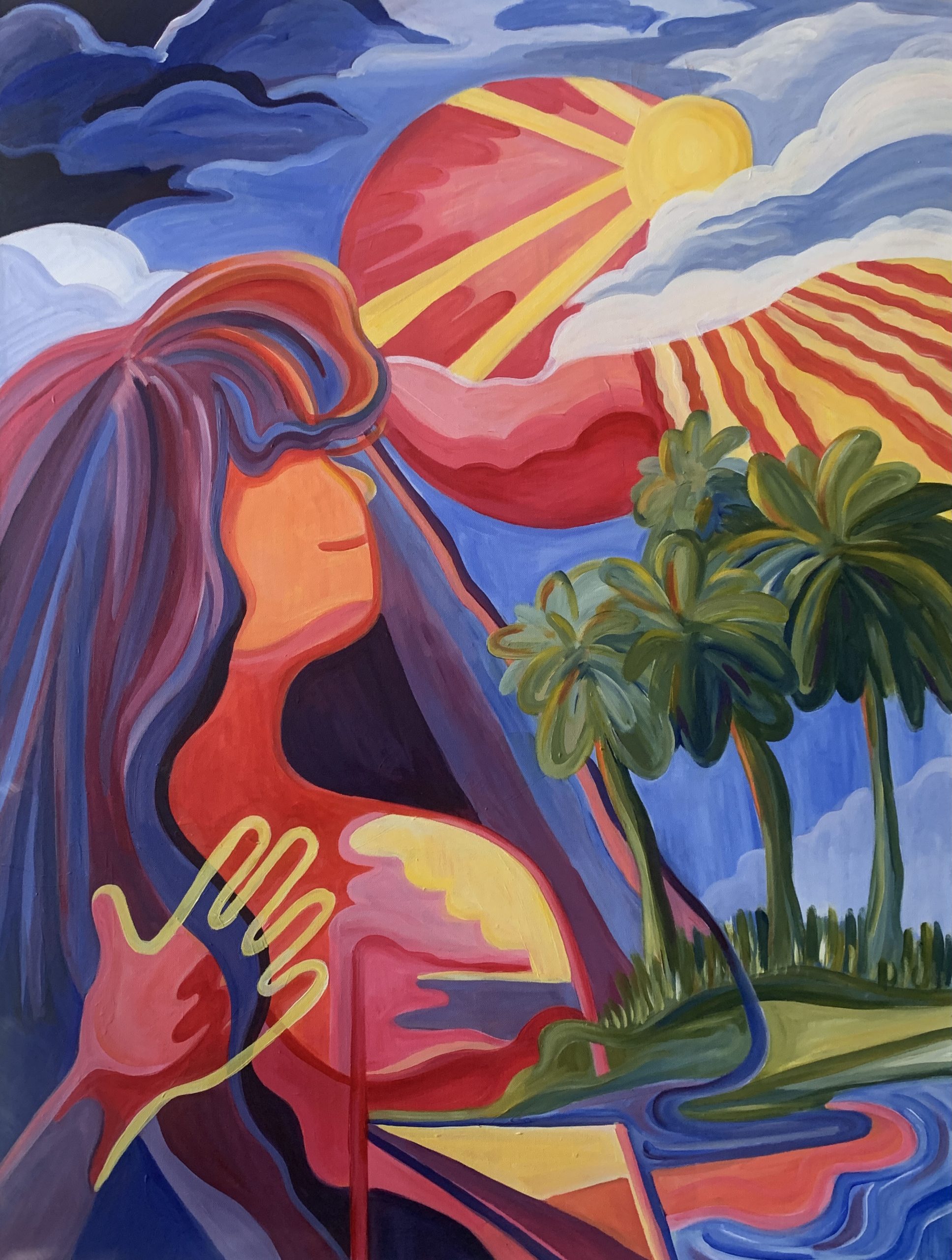 A painting with a female figure looking towards sun