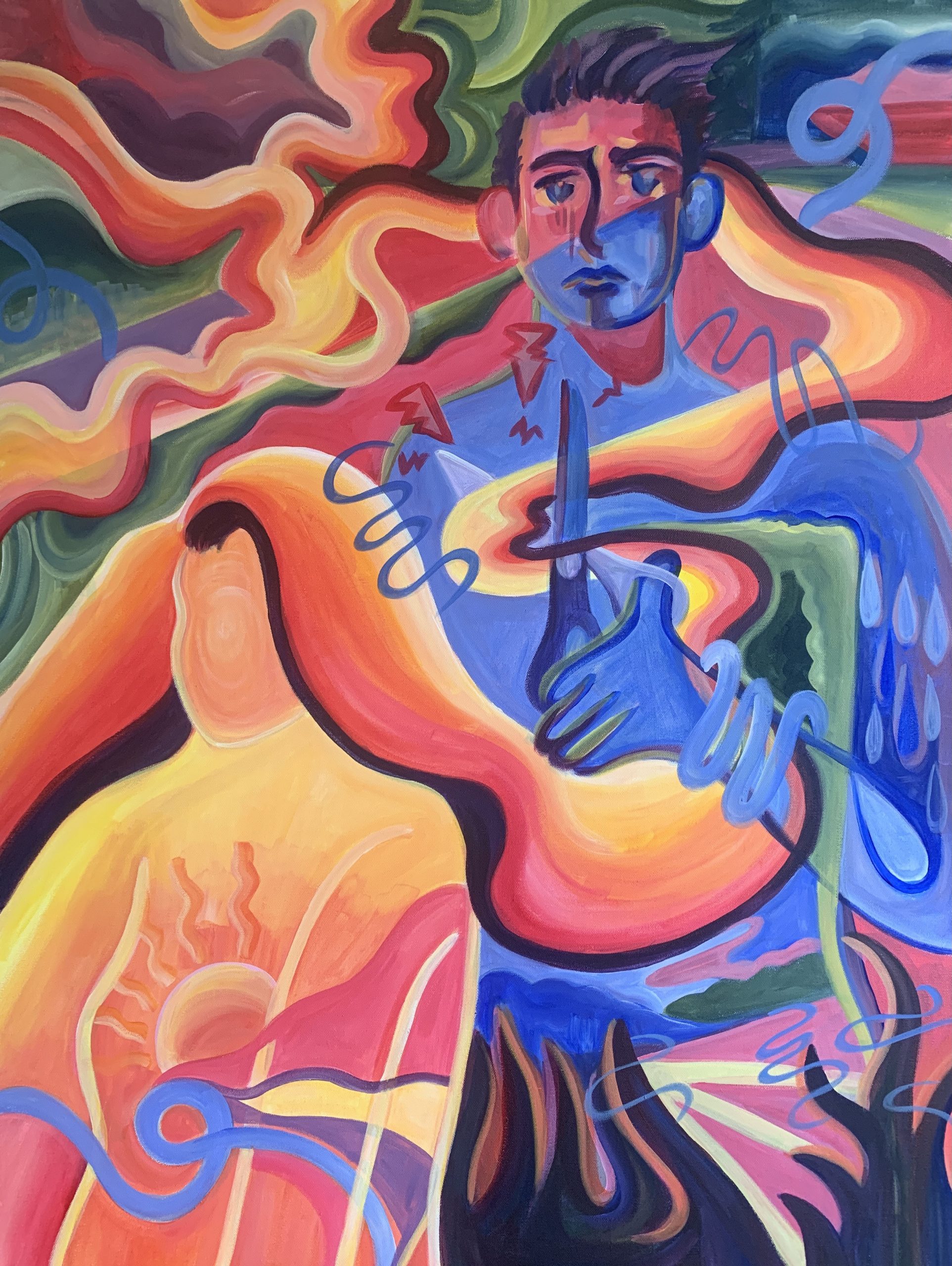 A painting with male figure holding scissors behind figure with long hair
