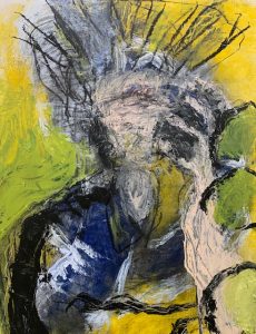 abstract painting of a figure holding a cell phone