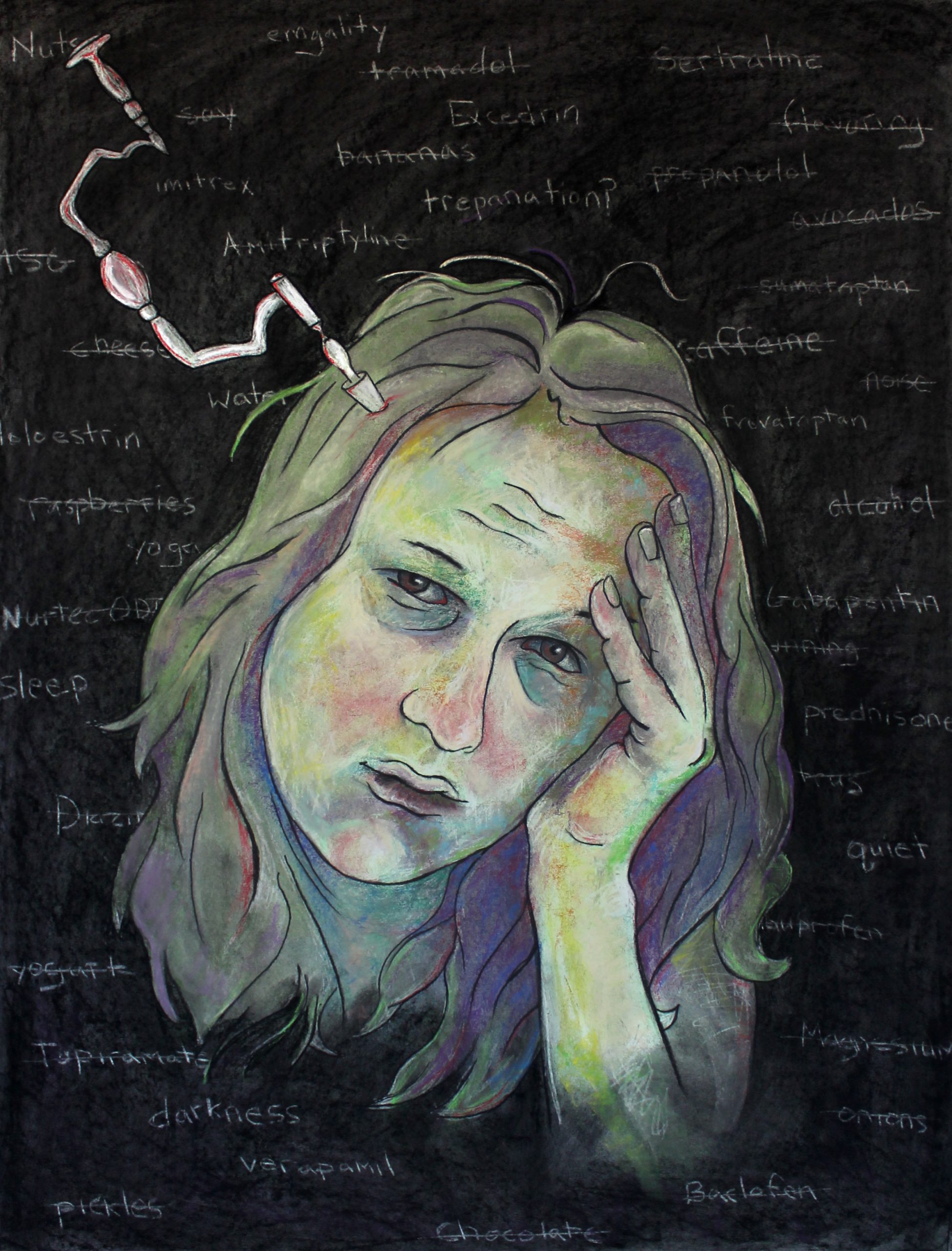 A drawing of a woman with a vice to her head and words in the background