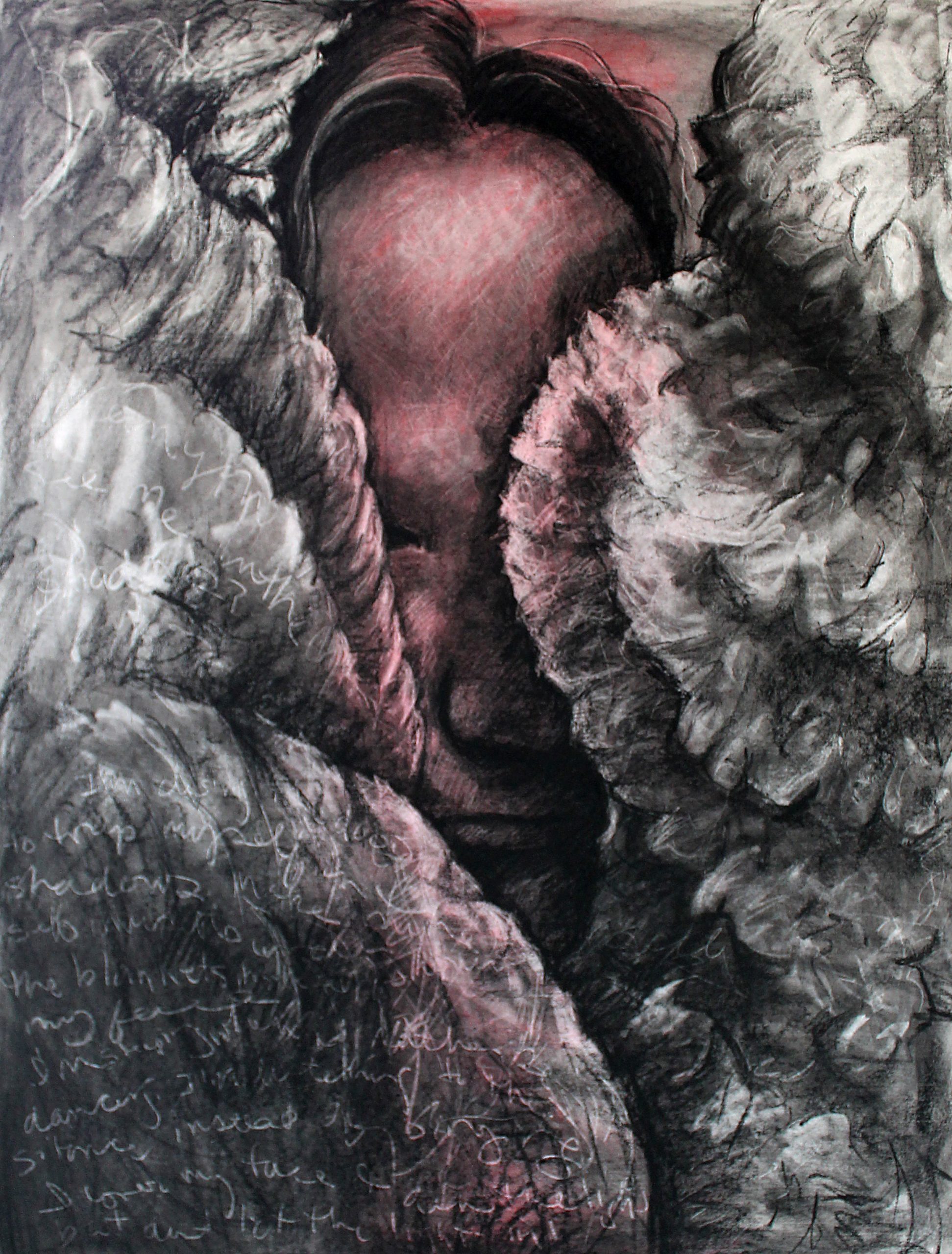 A charcoal drawing of a head partially covered with a blanket