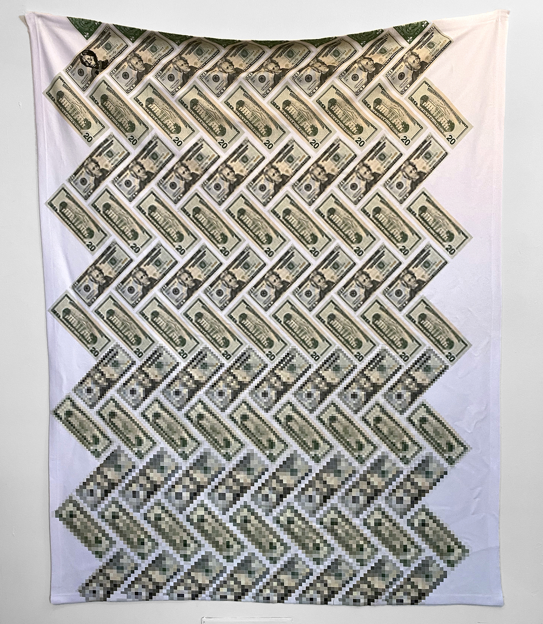 blanket with twenty dollar bills printed on it