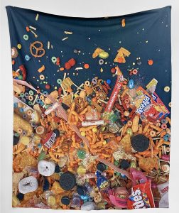 blanket with a photo of junk food (candy, pretzels, donuts and more)