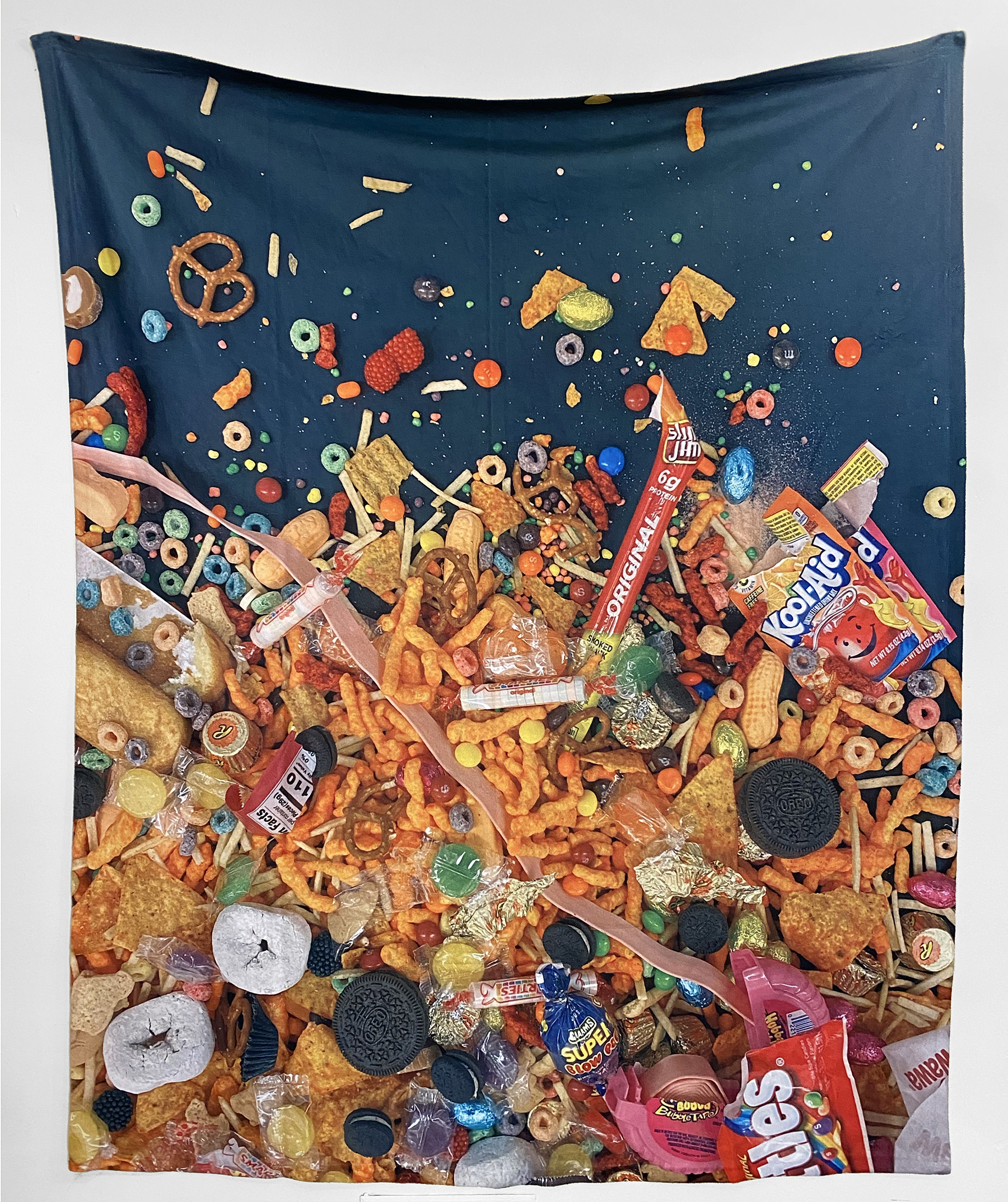 blanket with a photo of junk food (candy, pretzels, donuts and more)