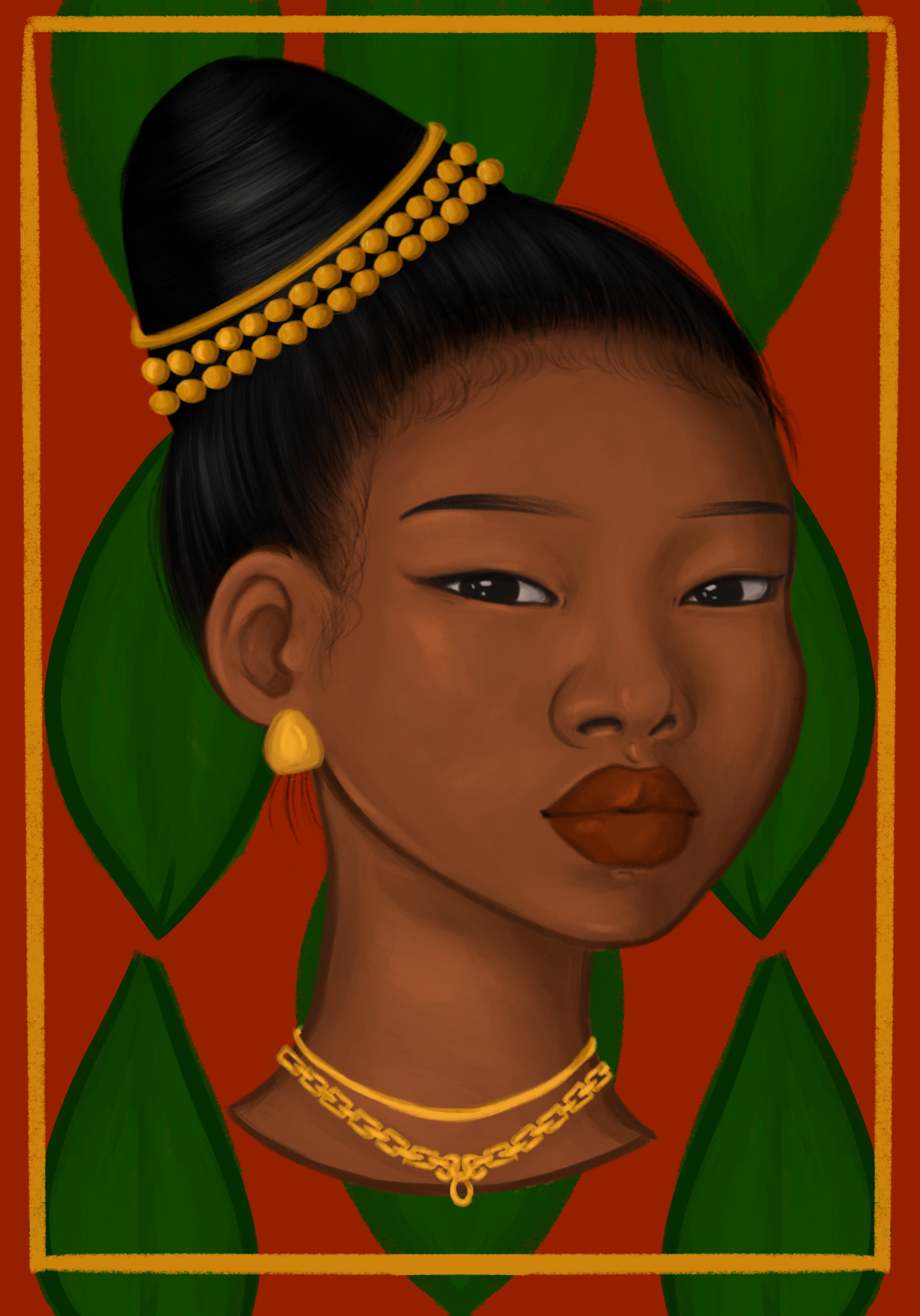 An illustration of a woman with her hair up and gold jewelry