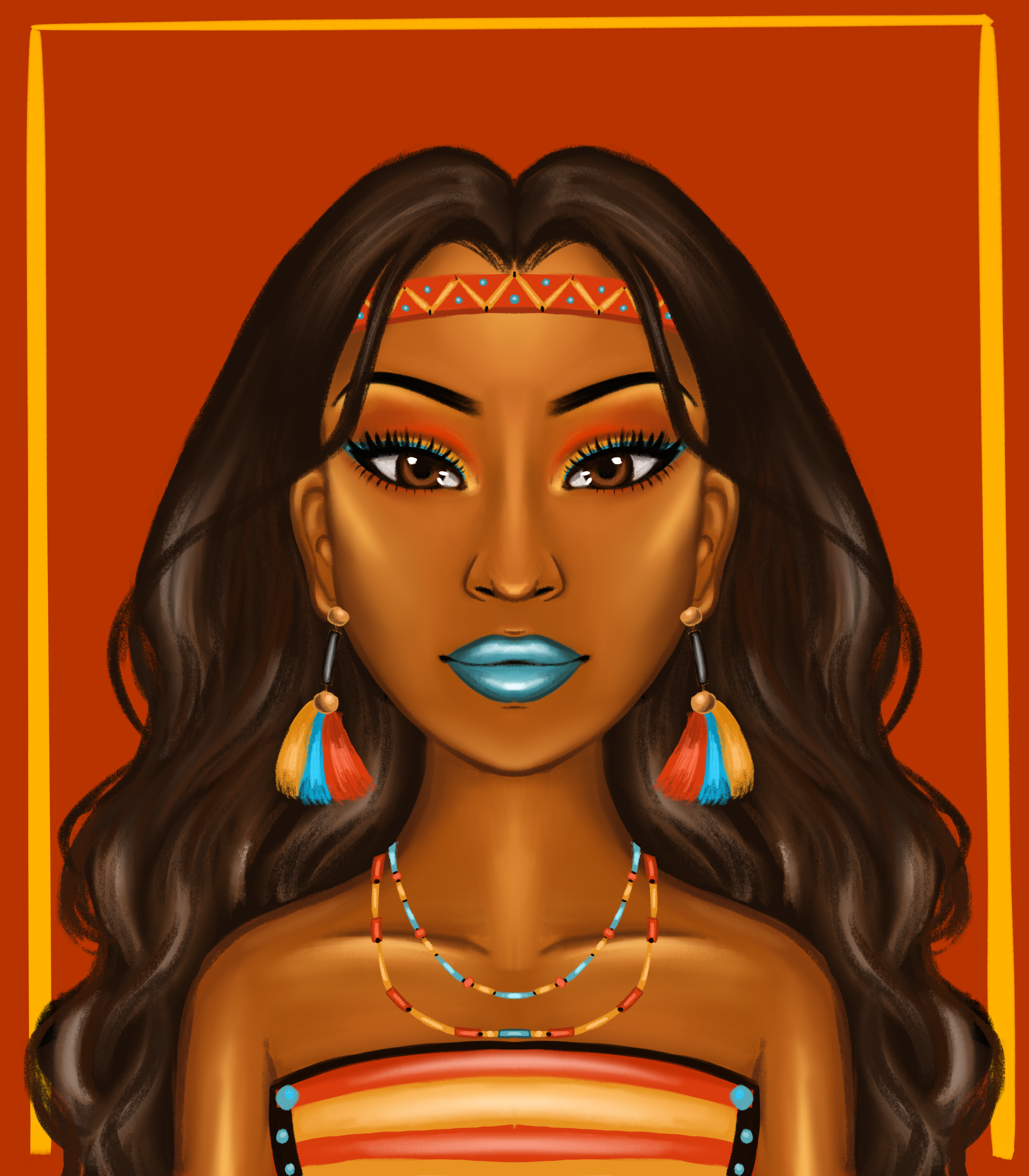 A digital image of a woman with long brown hair and blue lipstick