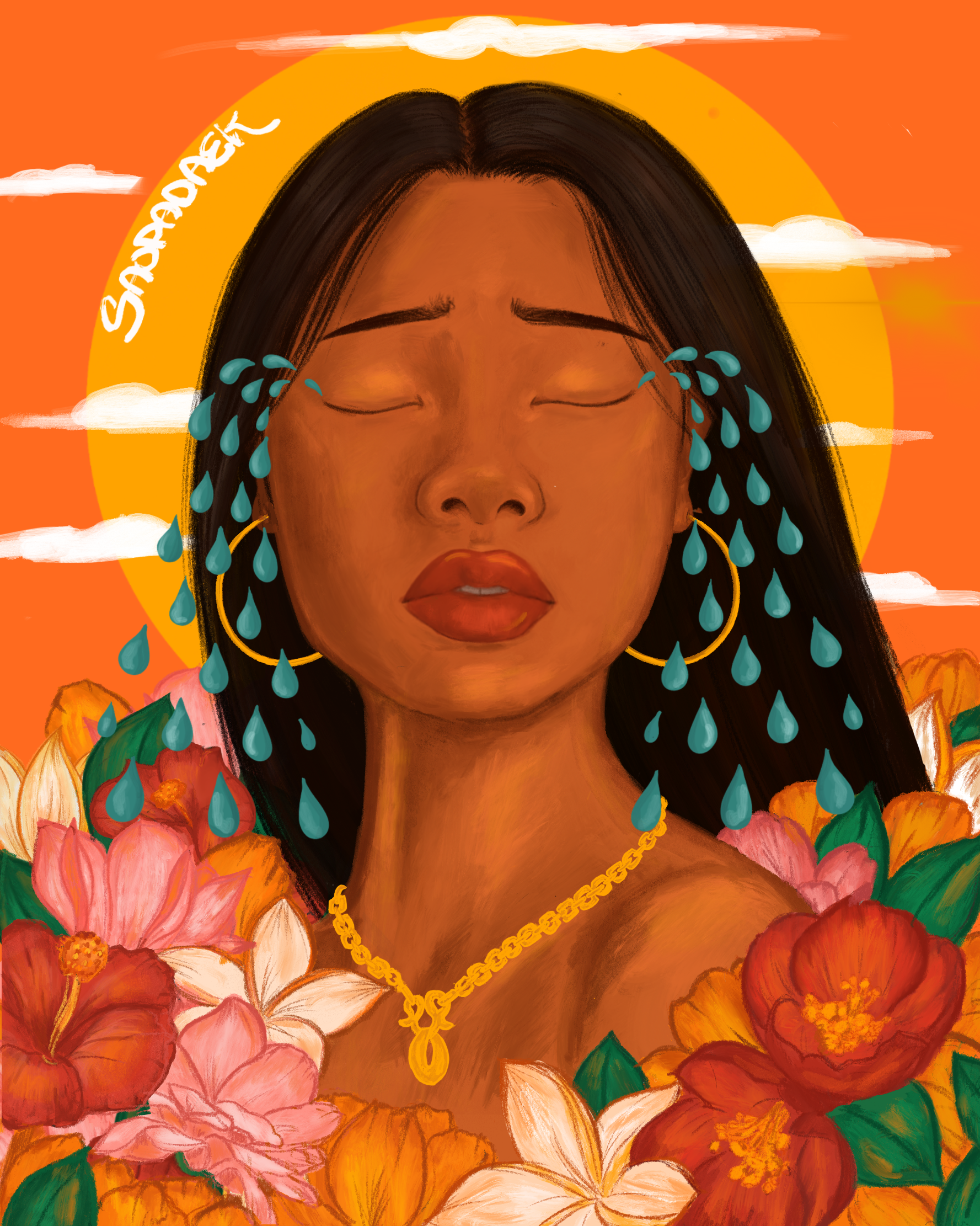 An illustration of woman with her eyes closed and tears flowing out of her eyes onto flowers