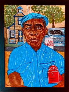 Photo of an african american man in blue coveralls. Painting by Bryant Tee Bell