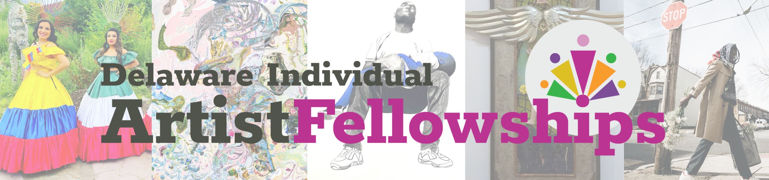 Delaware individual artist fellowship logo with images behind it