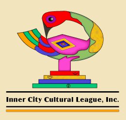 Inner City Cultural League logo showing an illustration of a bird sitting on a pedestal and curved in a circular shape with its beak facing downward.