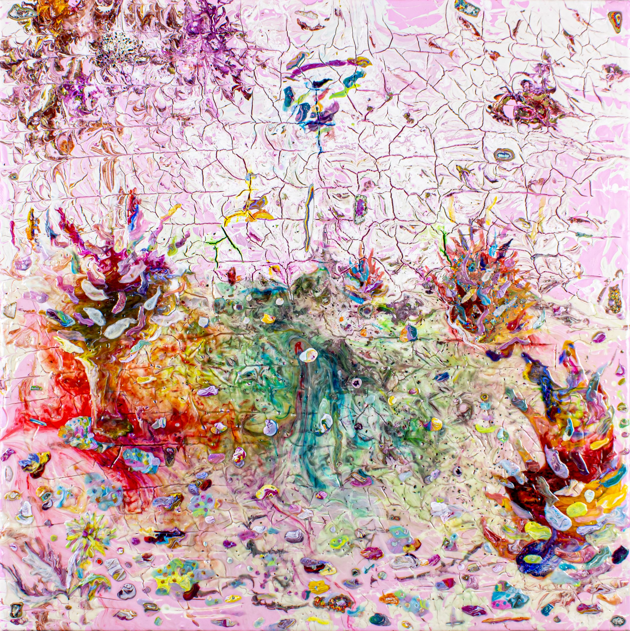 An abstract painting with colorful strokes portraying flowers, with the background light pink.