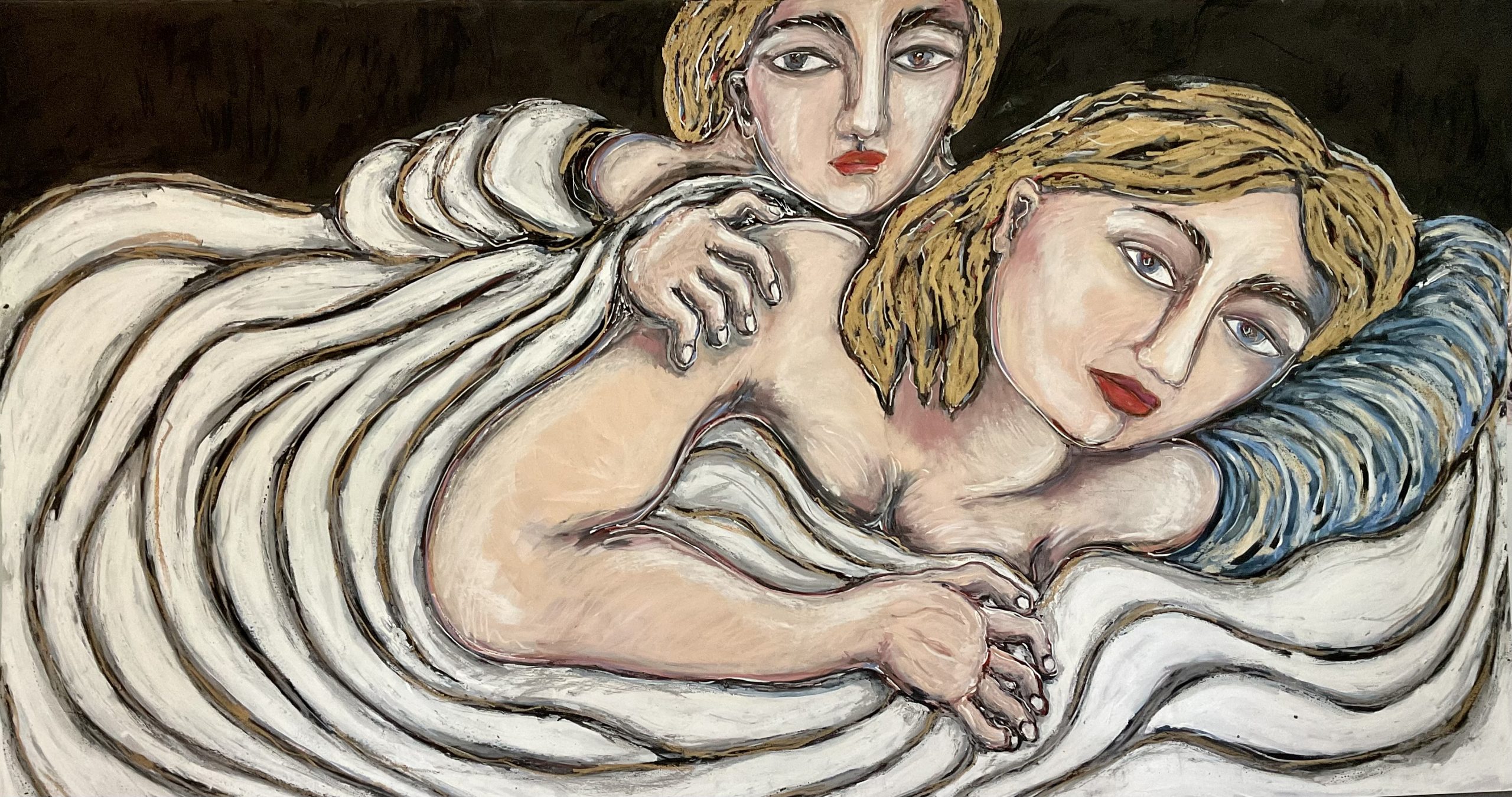 An illustration of two nude white women with blonde hair laying on a bed with a blue pillow, and a blanket made of black and white squiggles.