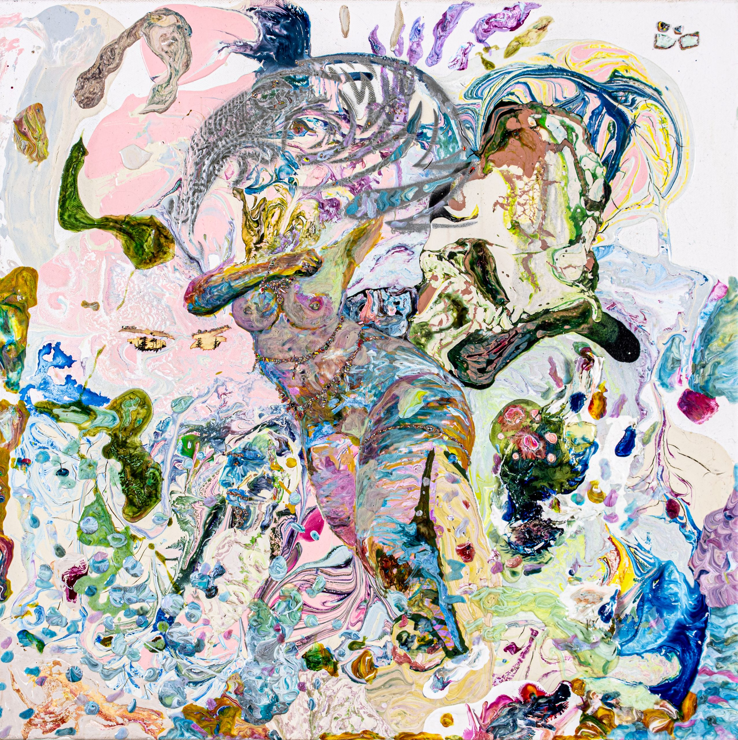 A painting with different colors, swirls, patterns, and layers, with an abstracted nude body in the middle.