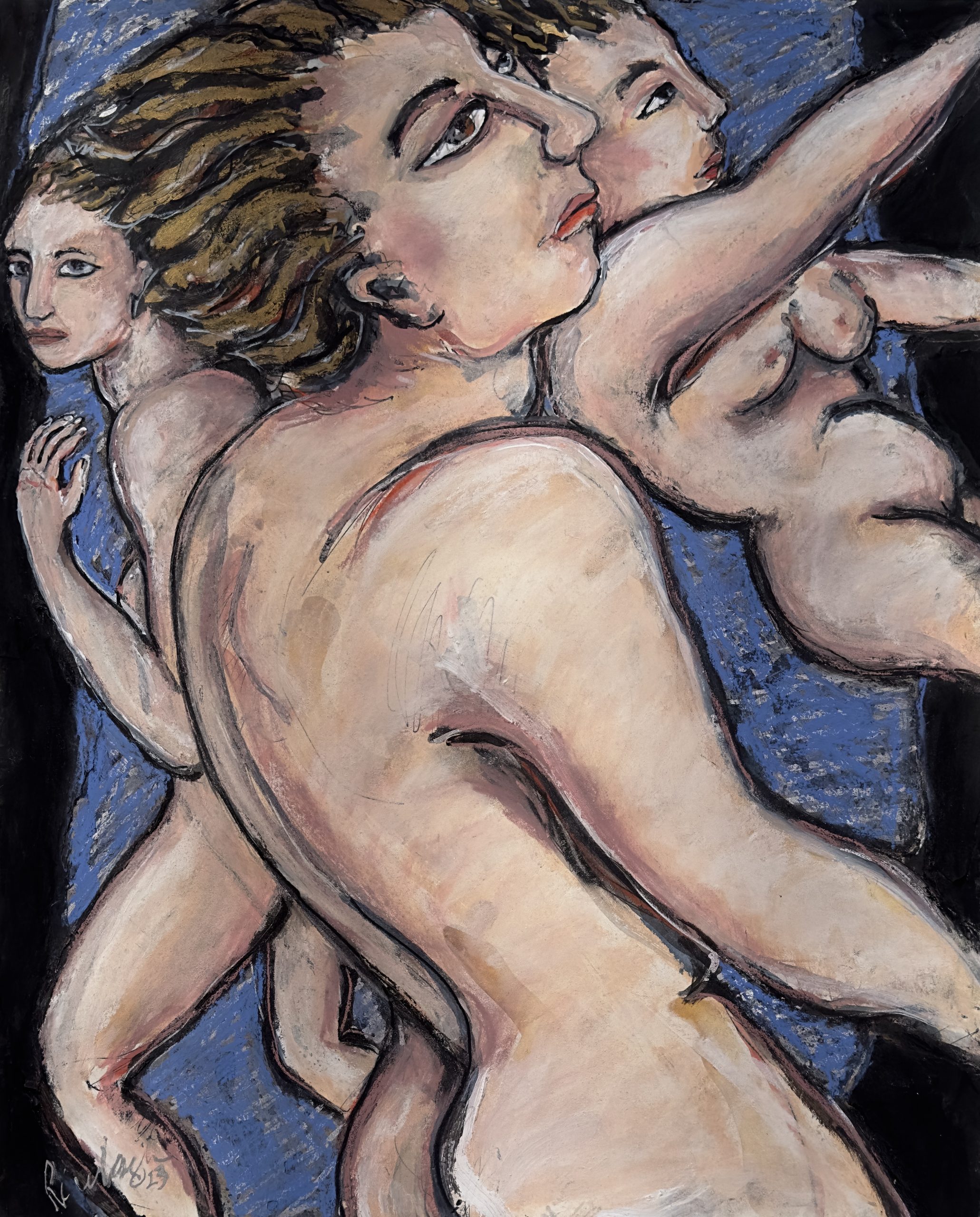 An illustration of three white nude figures dancing on a blue background.
