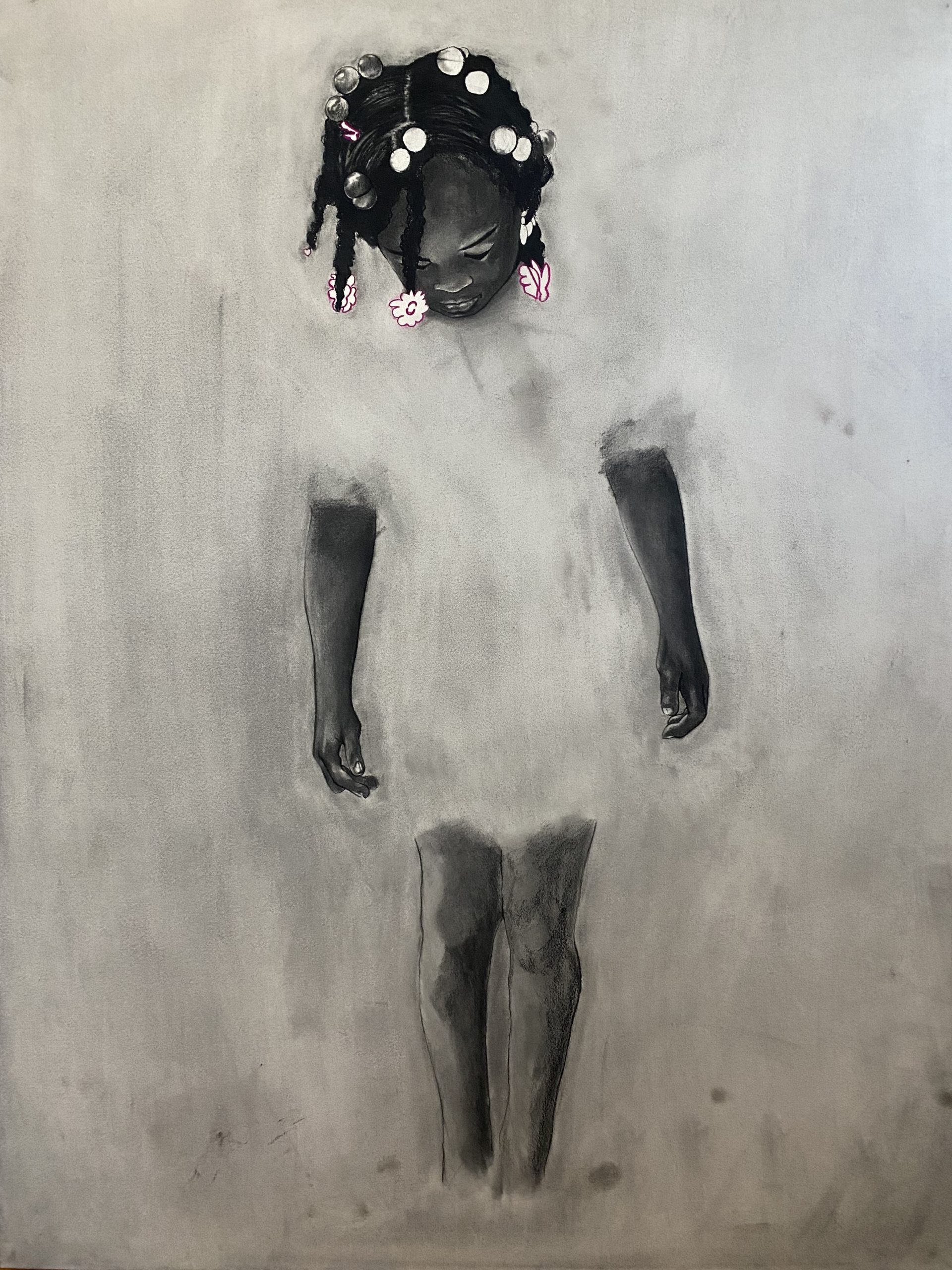 A charcoal drawing of a black girl looking down, with her dress blended into the background with faint charcoal smudges.