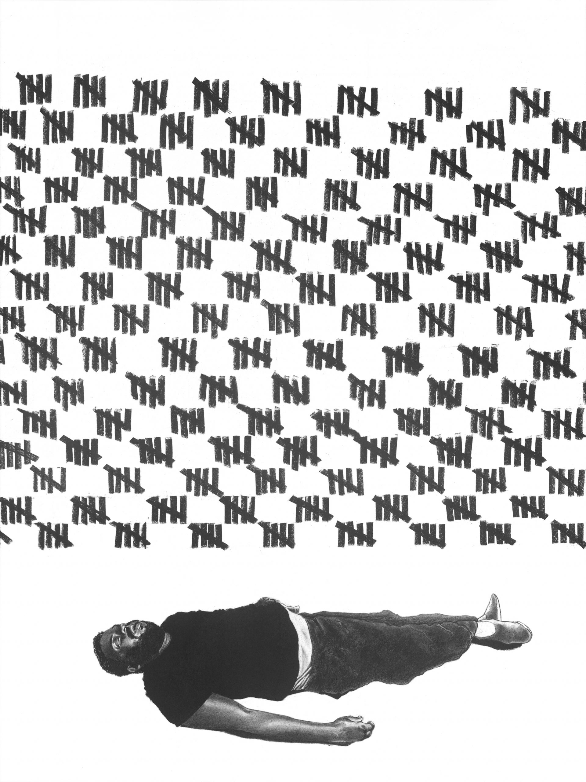 A charcoal drawing with a large grid of tally marks above a black man laying down, on a white background.