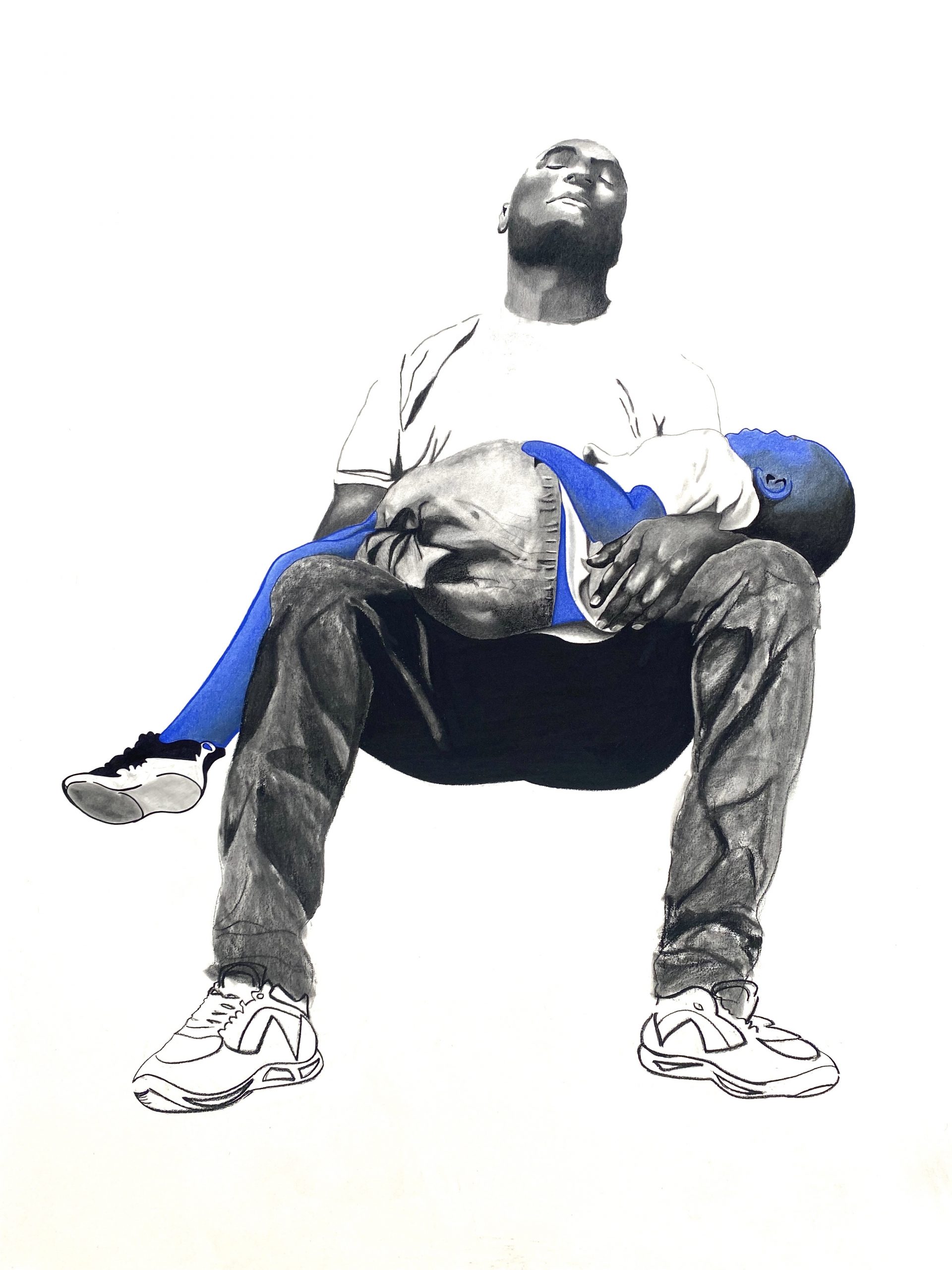 A charcoal drawing of a black man in a seated position, with a child laying on his lap. The child is in blue and the figures are on a white background.