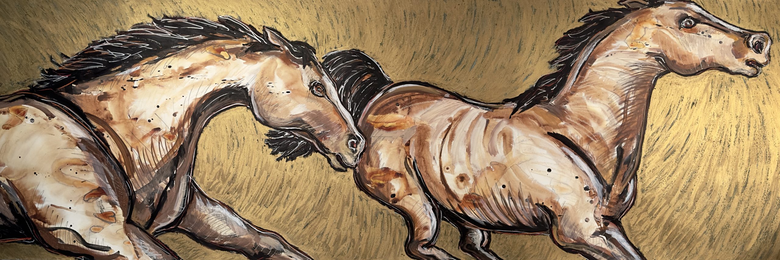 A mixed media painting of a horse chasing another, on a gold background.