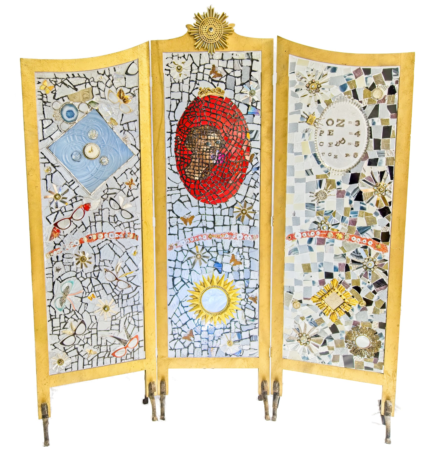 A standing triptych mosaic, with each panel having a yellow boarder. The tiles are mostly red, yellow, and blue.
