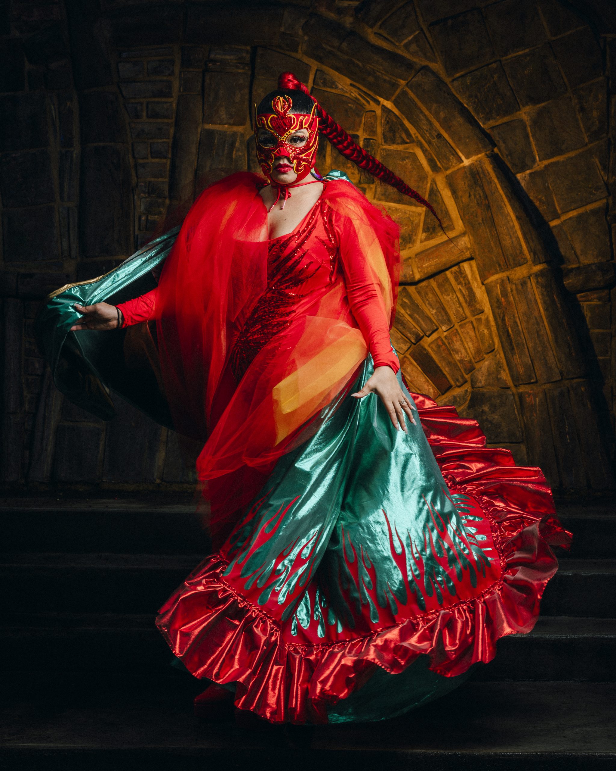 La fruta prohibida (Mexican wrestler costume), 2023 fabrics, beads, vinyl 72 x 12 x 12 inches