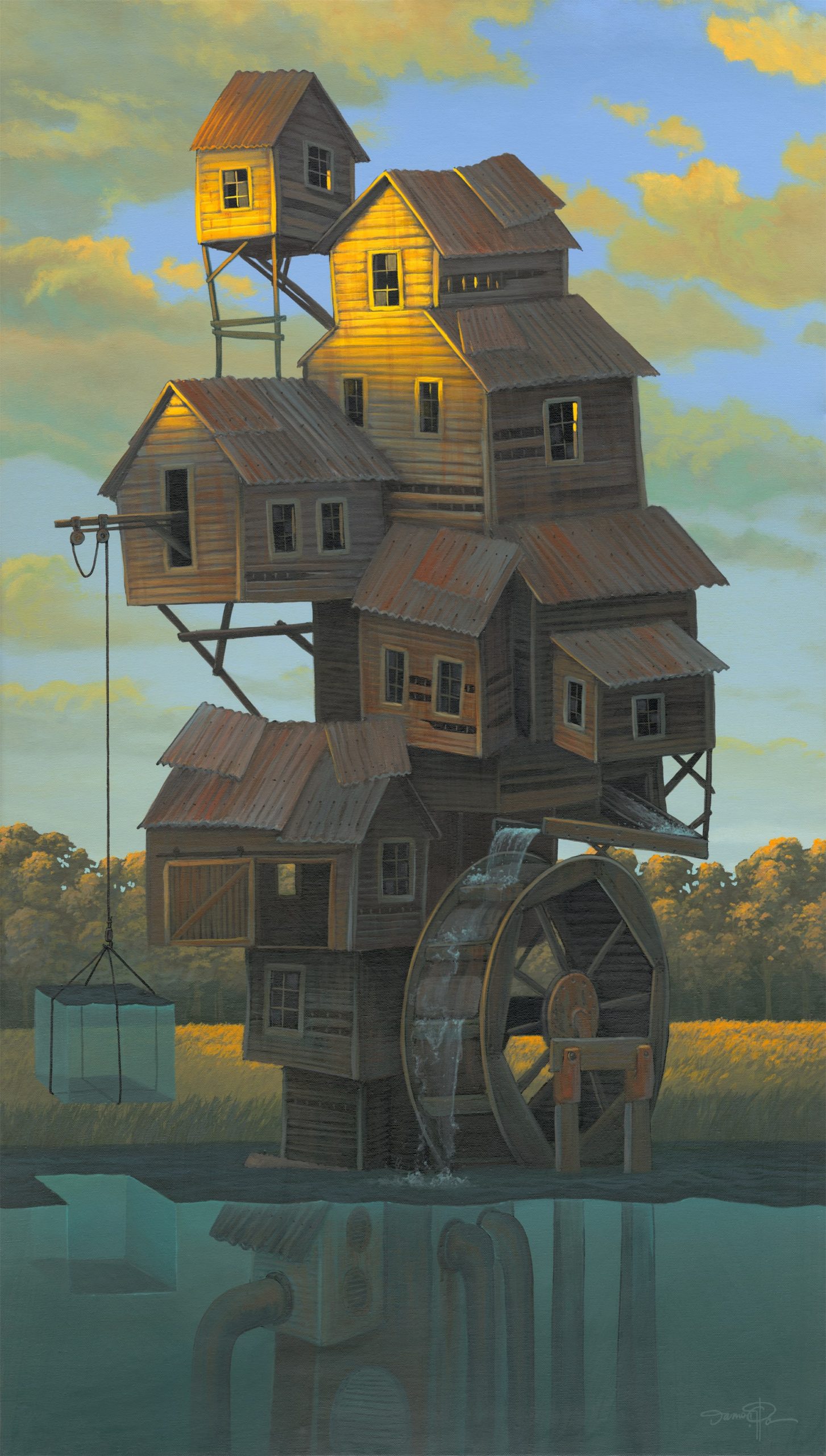 A painting of multiple millhouses stacked together/ on top of each other at dawn.