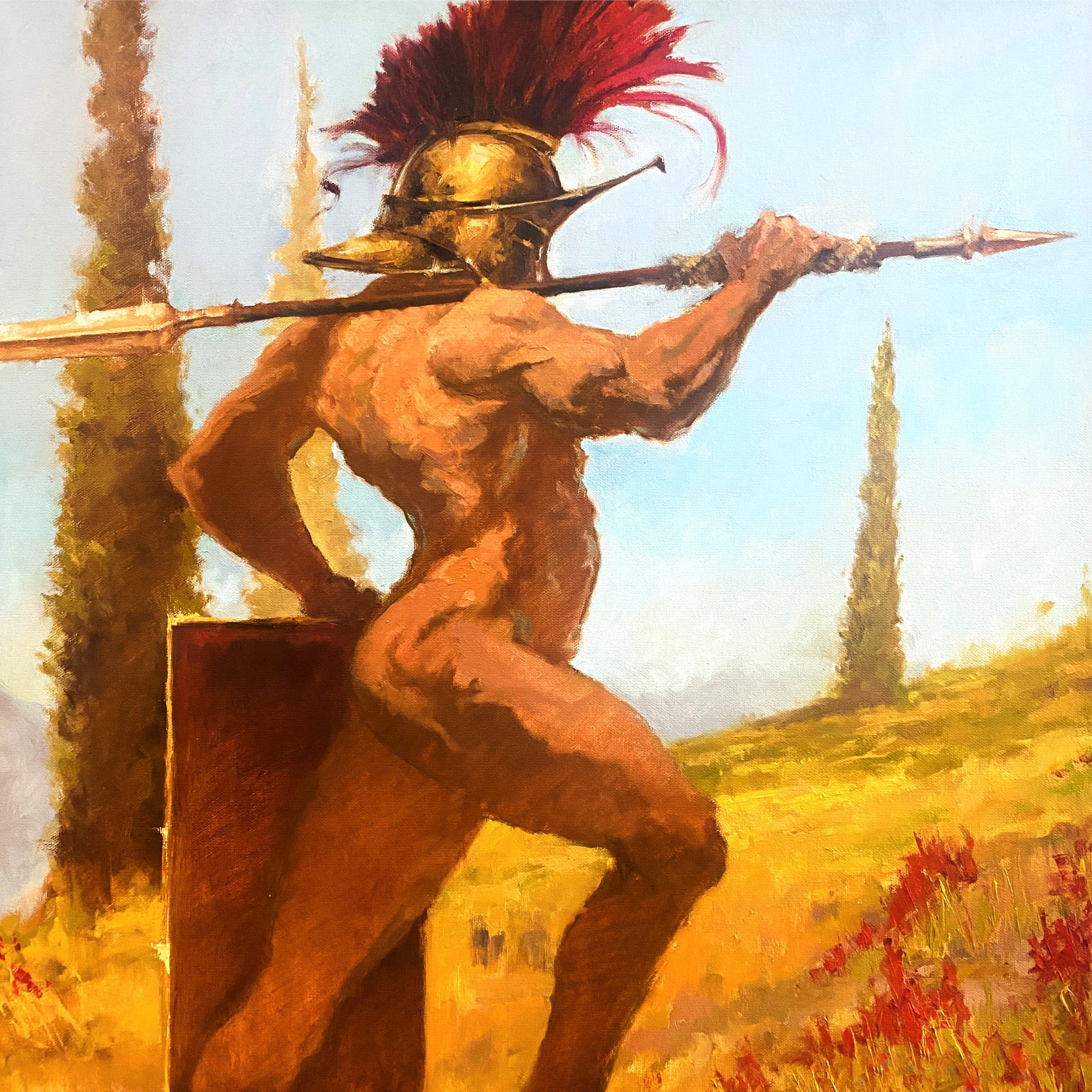 A painting of a naked man wearing a Roman helmet, holding a staff and a shield, in a field outside.