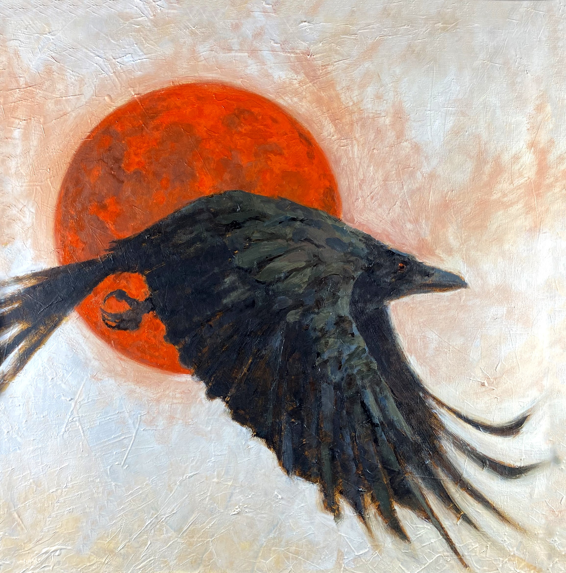 A painting of a raven flying in front of a red moon.