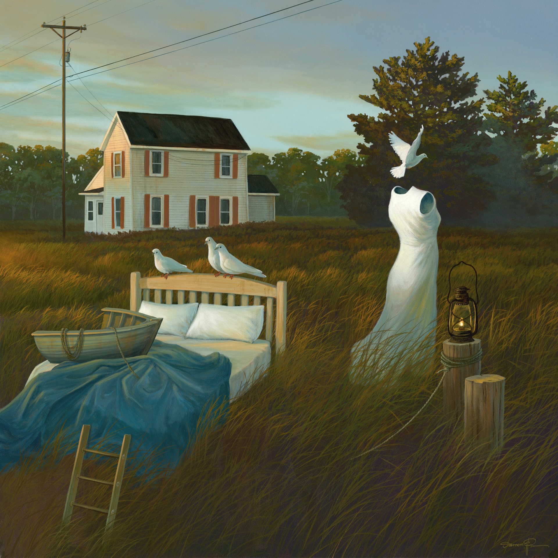 A painting of a white prairie house in a field, with an unmade bed and a headless upright dress, with a white bird hovering where the head would be.