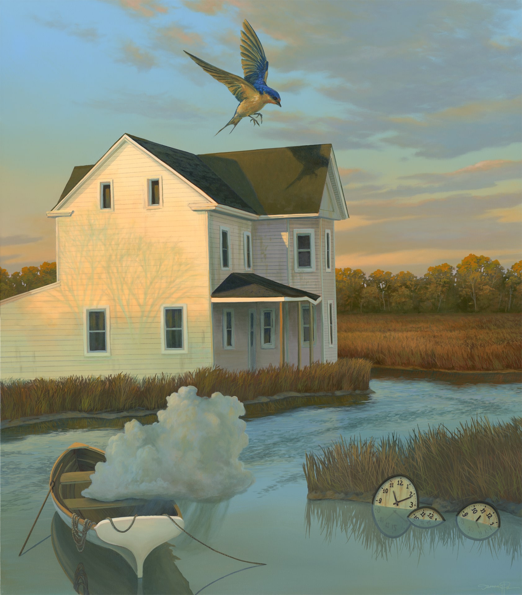A painting of a white prairie house along a river, with a large bird flying above and a small boat smoking in the river.