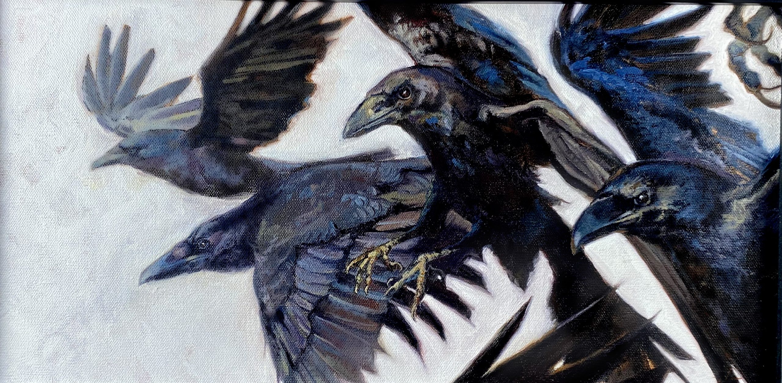 A painting of a murder of crows flying from the right to the left.