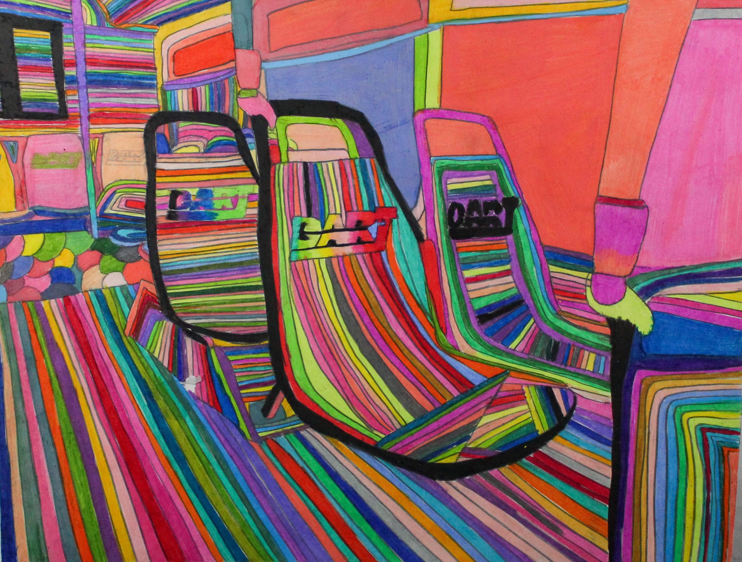 Geraldo Gonzalez Bus Passenger seats, 2024 colored pencils 22 x 28 inches