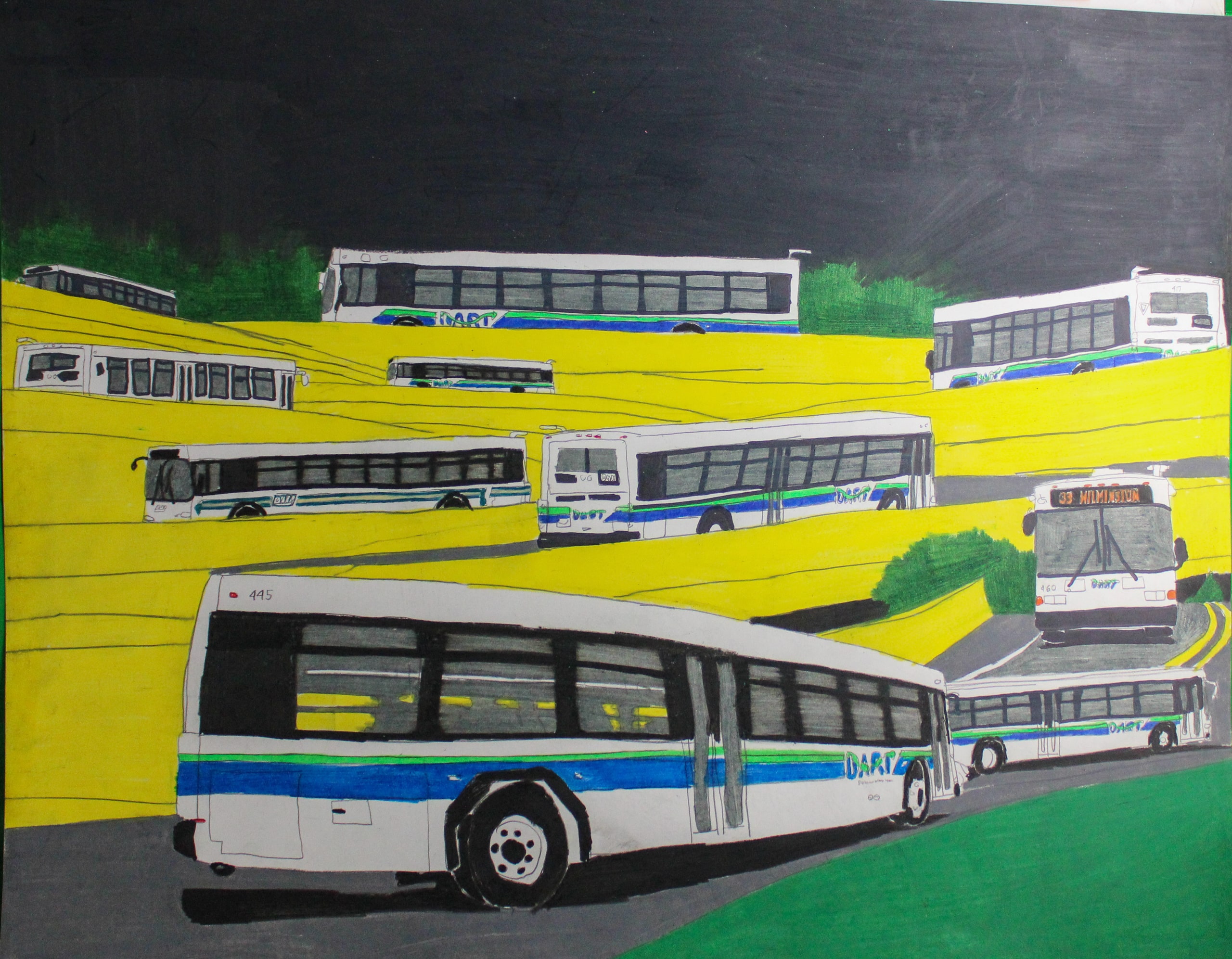 Geraldo Gonzalez DART busses travel, 2023 colored pencils 22 x 28 inches