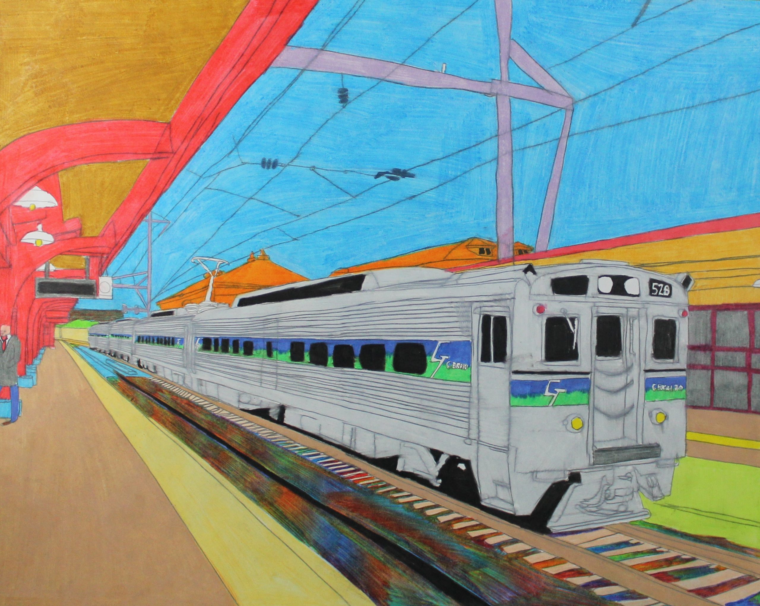 Geraldo Gonzalez Wilmington/Newark Commuter rail line (@ Wilmington Train Station), 2023 colored pencils 22 x 28 inches