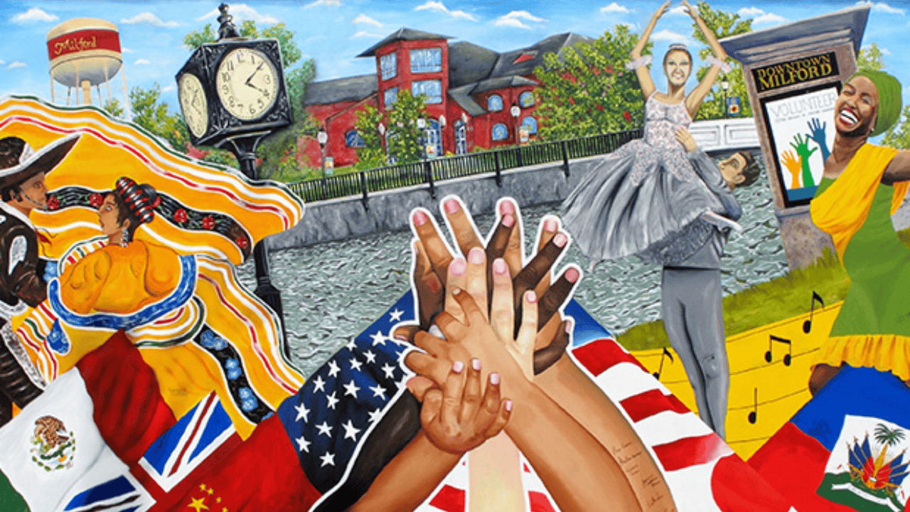 An illustration of flags and hands and things