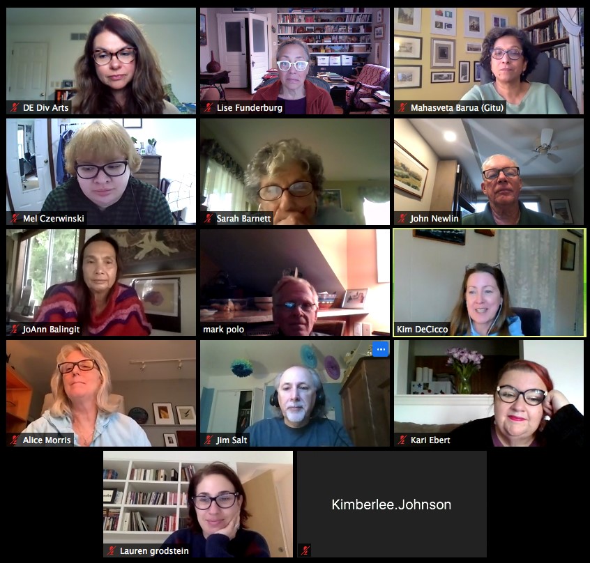 Screenshot of a virtual group meeting in gallery view, showing multiple participants in separate webcam boxes on a dark video-conferencing interface. Each person appears from a different home or office setting, suggesting an online discussion or workshop.