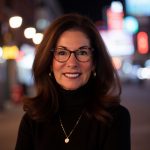 Headshot of a smiling woman wearing glasses and a black turtleneck, photographed outdoors at night with colorful city lights blurred in the background.