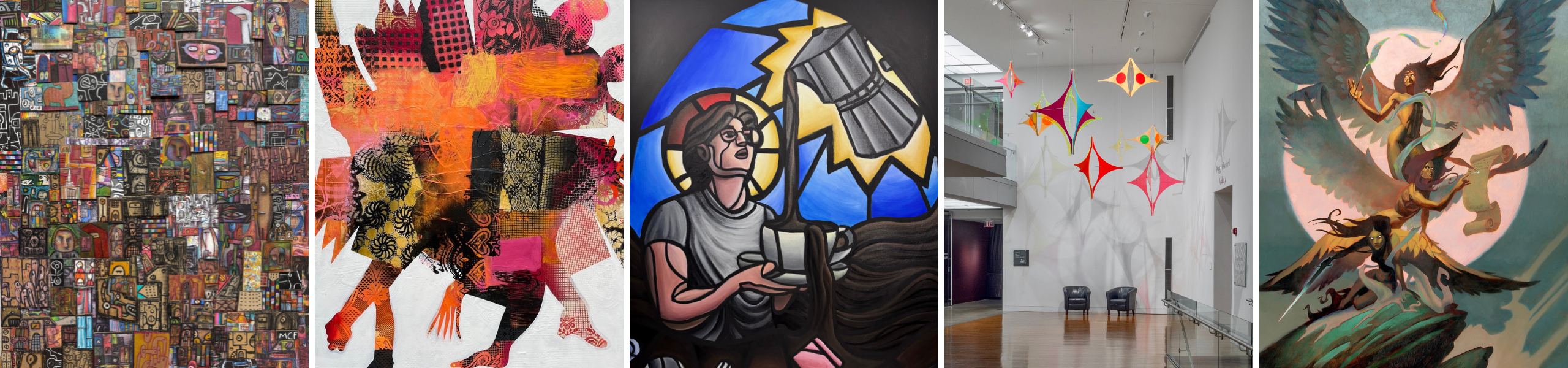 Wide banner featuring five artworks side by side: a dense mosaic-style collage, a bright abstract mixed-media composition, a mural of a person holding a lantern, a modern gallery atrium with colorful hanging sculptures, and a fantasy scene of winged figures in front of a moon