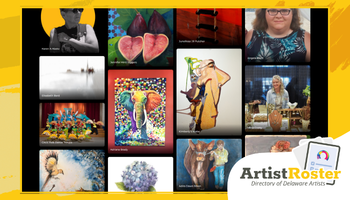 Collage-style banner showing a grid of artworks and artist photos, including paintings, illustrations, photography, and mixed media pieces, framed by a yellow graphic border. In the lower right, a logo reads “ArtistRoster” with the subtitle “Directory of Delaware Artists,” alongside the Delaware Division of the Arts branding.