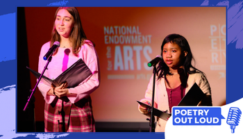 Two students stand onstage at microphones holding black folders, mid-performance. A screen behind them shows “National Endowment for the Arts.” A “Poetry Out Loud” logo with a microphone icon appears in the lower right, framed by a blue graphic border.