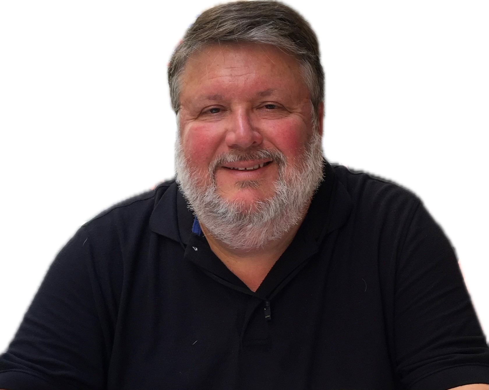 Headshot of a smiling bearded man with short gray hair wearing a dark polo shirt against a white background.