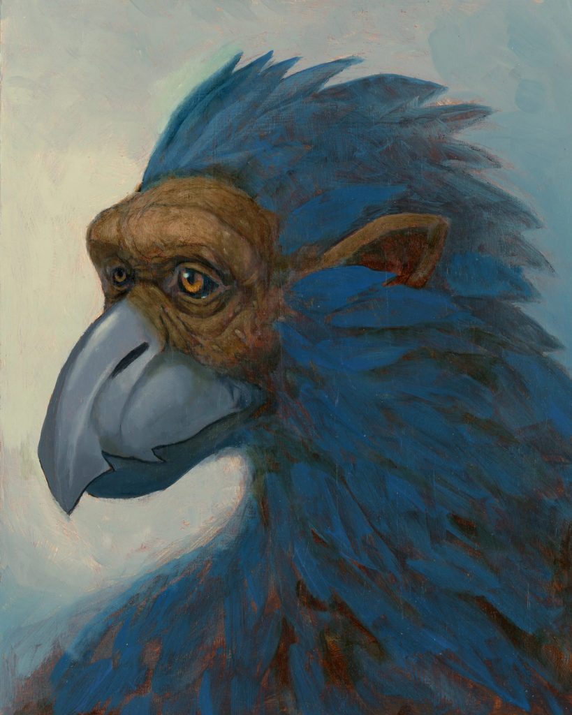 Painted portrait of a fantastical bird-like creature with deep blue feathers, a large curved gray beak, and expressive amber eyes. Its face has wrinkled, primate-like features and a pointed ear, blending bird and mammal traits against a soft pale blue background.