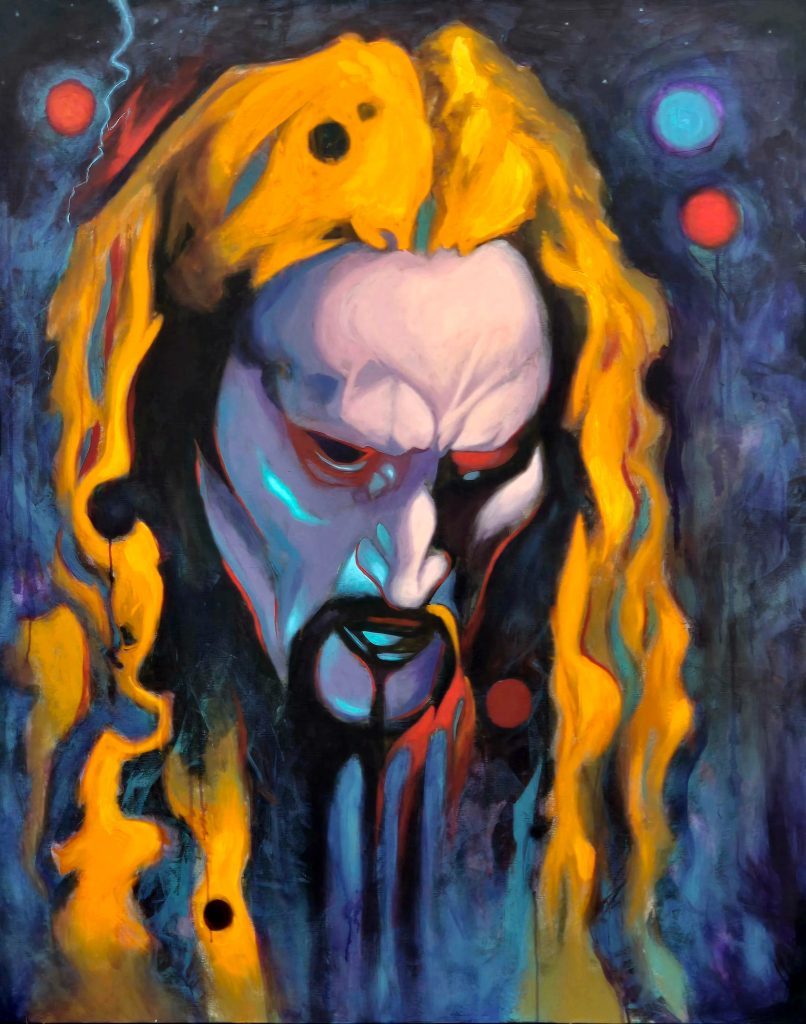 Expressionistic portrait of a stern, otherworldly face with a furrowed brow, dark beard, and long flowing yellow hair. Painted in vivid blues, purples, reds, and golds, the figure emerges from a dark cosmic background dotted with glowing orb-like lights, creating an intense, surreal mood.
