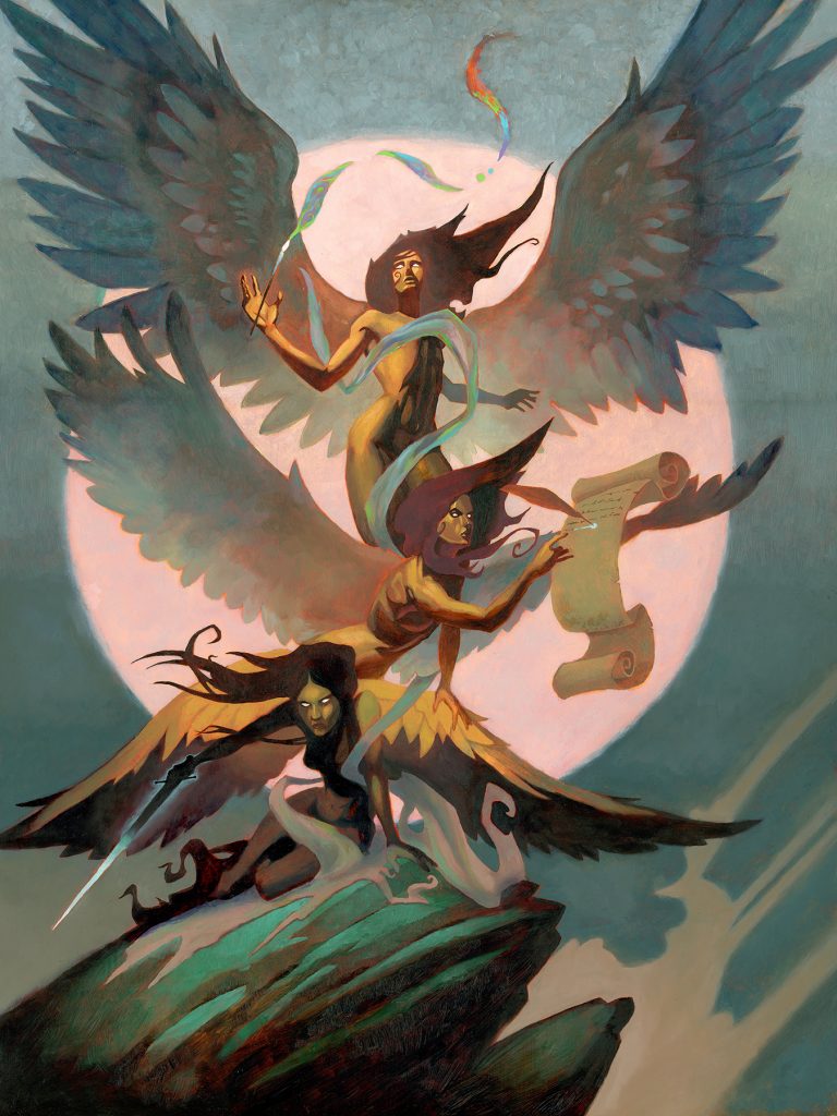 Stylized fantasy painting of three winged female figures posed in a vertical composition before a large glowing full moon. The top figure rises with arms lifted as colorful ribbon-like shapes float above her, the middle figure writes on a long scroll, and the bottom figure crouches on a rocky ledge holding a glowing sword. Their dark hair and feathered wings sweep dramatically through the scene, with soft blue-green tones and warm light creating a dreamlike, mystical atmosphere.