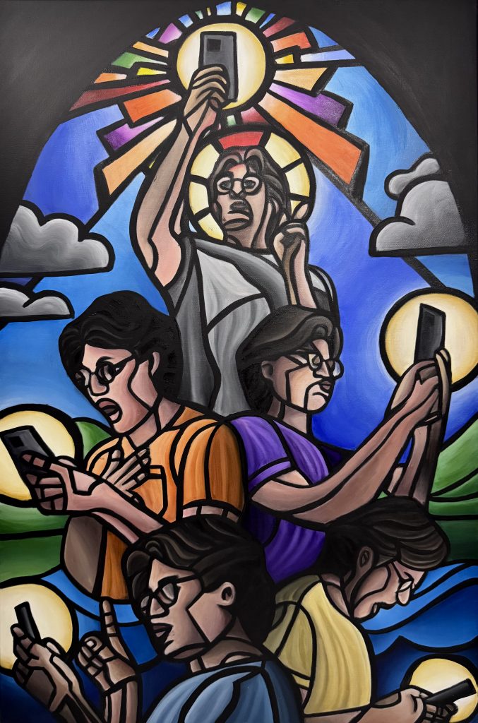Bold, graphic painting of several figures absorbed in their smartphones while a larger central figure raises a phone overhead like a sacred object. Halos, radiant beams, clouds, and bright blue skies give the scene a satirical, icon-like treatment of technology and attention.